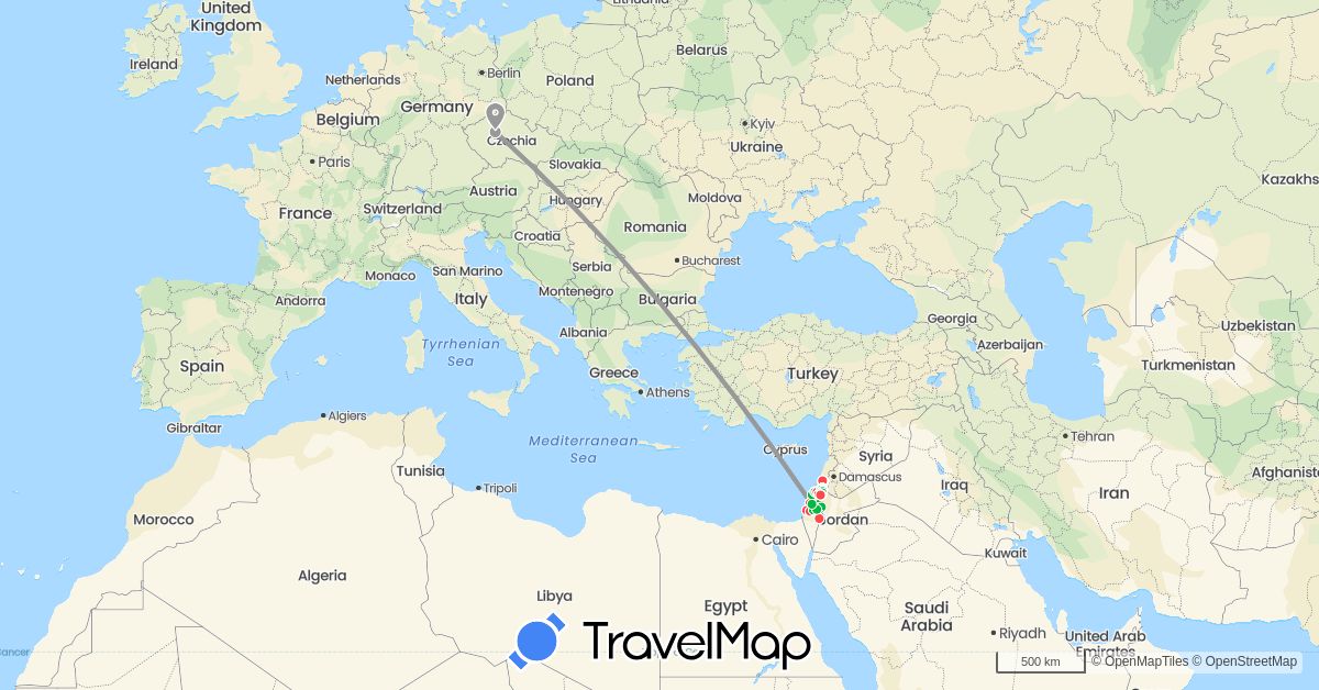 TravelMap itinerary: driving, bus, plane, hiking, boat in Czech Republic, Israel, Palestinian Territories (Asia, Europe)